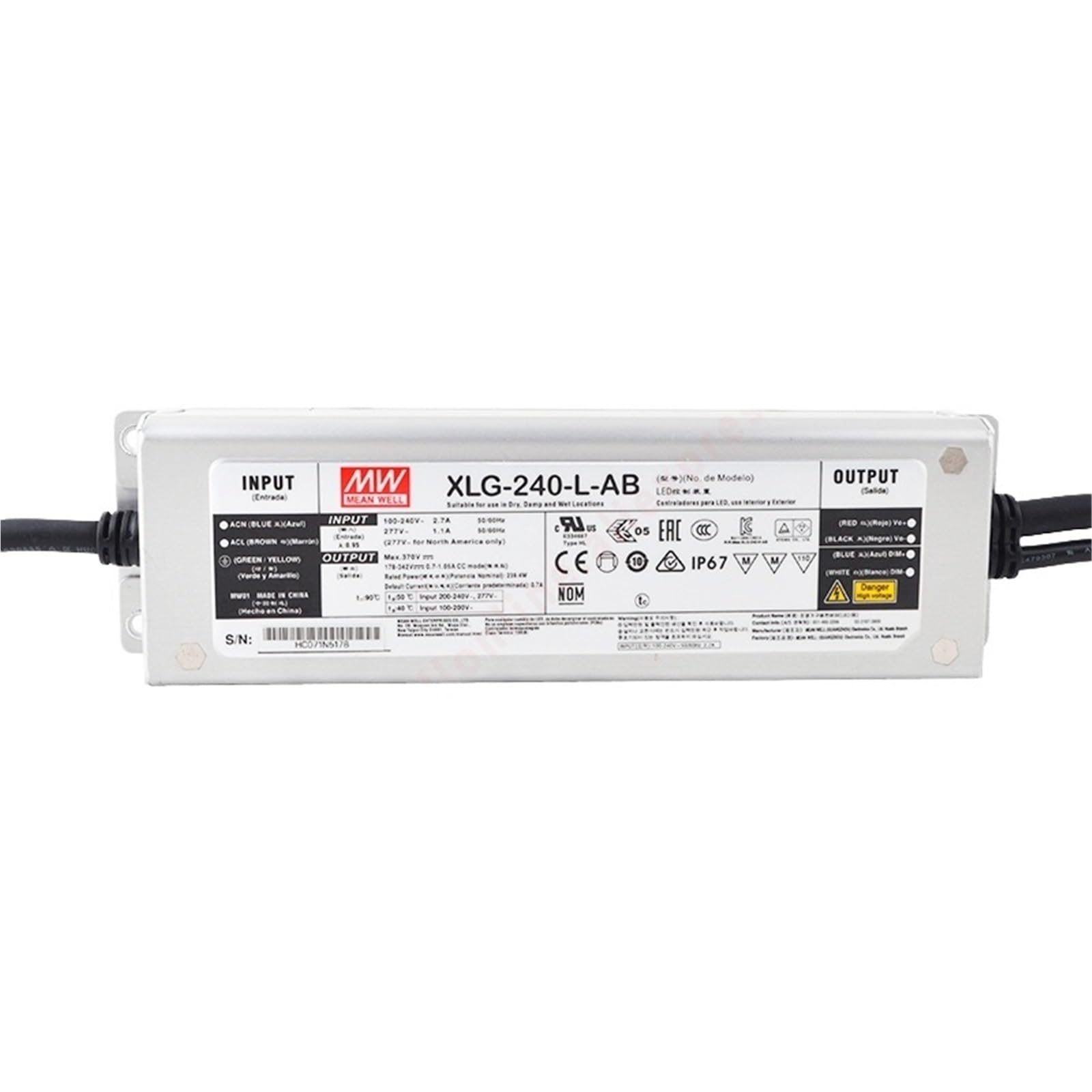 Fcarumiqp Xlg-240-L-Ab-240W Xlg-240-L-Ab Ip67 Metal Case 3 In 1 Dimming Lighting 700-1050Ma/178-342V/240W Constant Power Led Driver