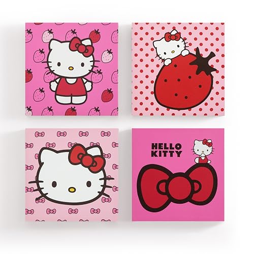 Image of Idea Nuova Sanrio Hello Kitty Strawberry and Bow Canvas Wall Art 4 Piece Set for Room Décor,12"x12"