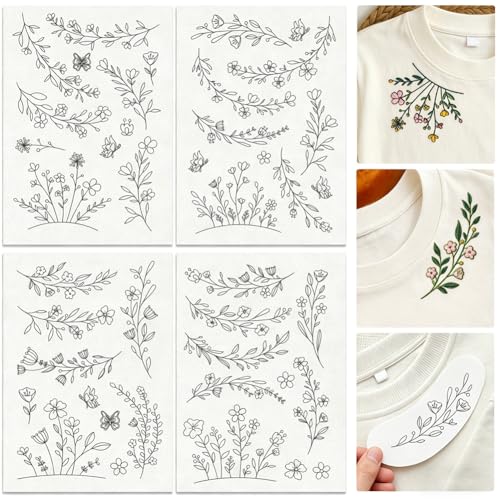 DOODLREAM 29Pcs Flower Vine Embroidery Pattern Stabilizer 8.3x11.7 Wildflowers Water Soluble Stick and Stitch Embroidery Sticker 4 Sheets Floral Border Hand Sewing DIY Embroidery Paper