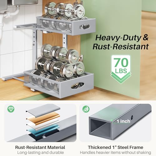 Image of Under Sink Organizer, 2-Pack Pull Out Cabinet Organizer 2 Tier Metal Slide Out Storage Shelf Rack, L-Shaped Adjustable Height,Mesh Sliding Drawer for Kitchen, Bathroom, Laundry, Pantry, Grey, XL