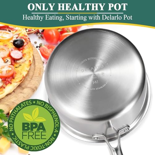 Image of DELARLO Tri-Ply Whole-Clad Stainless Saucepan 3.5 Quart Steamer Set With Glass Lid, Ergonomic Handle, Vegetable Steamer, Steamer for Cooking, Multipurpose Sauce Pan, Kitchen Sauce Pot, Oven Safe
