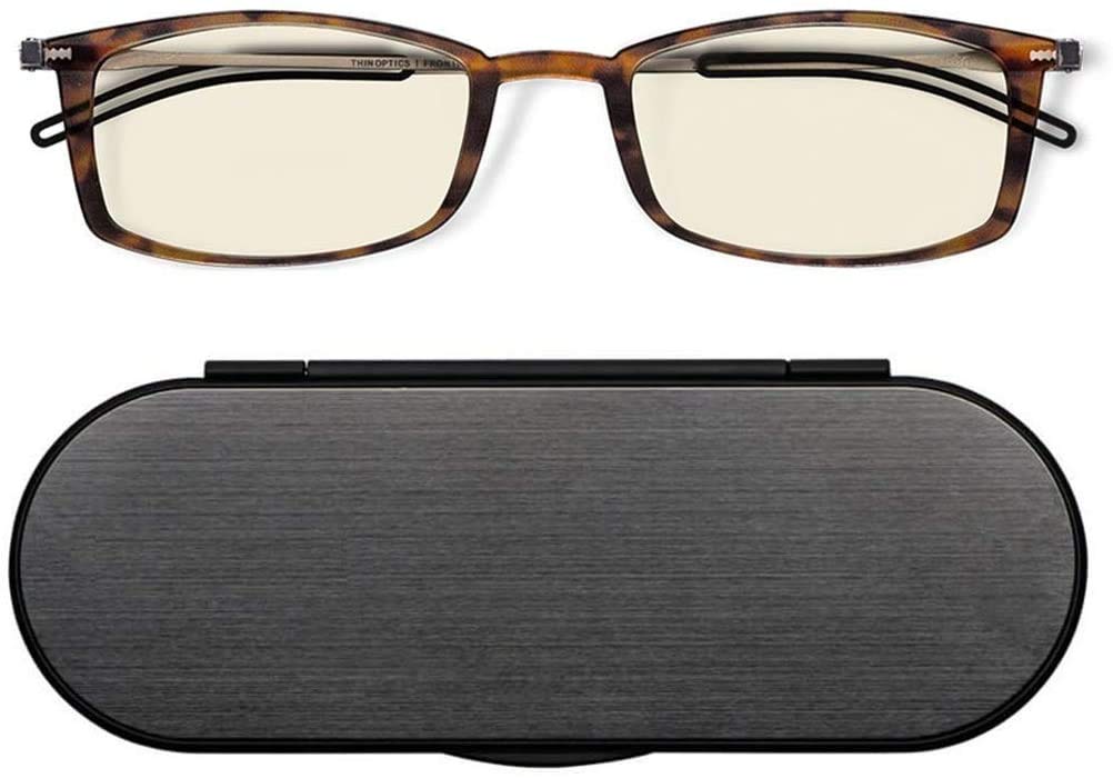 ThinOptics Computer Reading Glasses Rectangular Tortoiseshell Frames With Milano Magnetic Case - Blue Light Blocking - Unisex for Men & Women Thin Lightweight Compact Readers 1.00 Strength