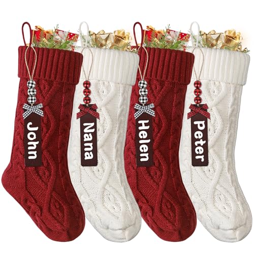 SOMYTING Medias de Navidad Personalizadas, Medias de Punto de 18 Pulgadas con Etiquetas de Nombre, Medias de Navidad para decoración de Fiestas de Navidad (2 Rojos + 2 Blancos)
