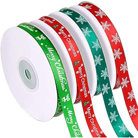Christmas Ribbon for Gift Wrapping, 4 Rolls Red Green Xmas Wrap Ribbons Crafts Supplies Satin Bows Merry Christmas Tree Cake Wreaths Party Decoration Accessories, Elk Snowflake Patterns(10mm Wide) Cover