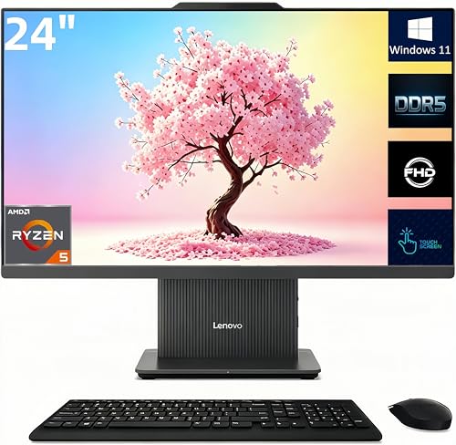Image of Lenovo IdeaCentre 24 Inch FHD Touchscreen All-in-One Desktop Computer, AMD Ryzen 5 Processor, 32GB DDR5 RAM, 1TB SSD, Wireless Charging Base, Wireless KB & Mouse, Wi-Fi 6, Windows 11