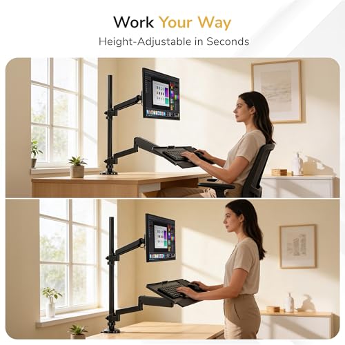 Image of Mount-It! Sit-Stand Monitor Arm Desk Mount with Keyboard Tray, Single Monitor Fits Up to 32 inch, Height Adjustable Gas Spring, Full Motion Articulating Arm, Clamp or Grommet, Black