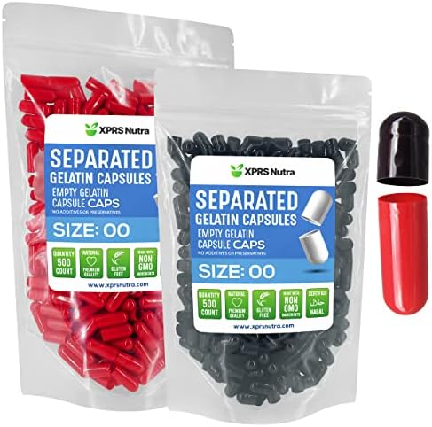 XPRS Nutra Size 00 Separated Capsules – 500 Count Gelatin Empty Capsules Separated in Bags – Separated Empty 00 Capsules – Pill Capsules Empty for DIY Supplement Filling (Black/Red)