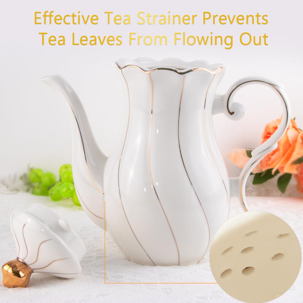 HSYTEK Porcelain Teapot, 47oz Royal English Teapot with Golden Trim, Tea Party & Coffee Teapot, White