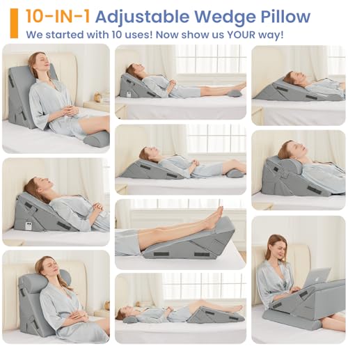 Sasttie Wedge Pillow Set for After Surgery, 4PCS Adjustable Bed Wedge Pillow Headboard with Memory Foam Neck Cushion – for Acid Reflux, Sleeping, Neck & Back Support, Dark Grey