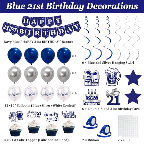 Image of 21st Birthday Decorations for Boys Girls, Blue Silver Happy 21st Birthday Party Decorations, 21 Backdrop, Banner, Balloons, Hanging Swirls, Bday Cards, Cake Toppers, Pompoms 54pcs