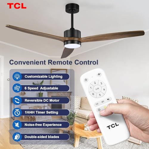 Image of TCL Ceiling Fans with Light and Remote: 60 inch 3 Wooden Blades 3 Dimmable LED Fan for Room Indoor Modern Farmhouse Decor - 6 Speed Memory DC Reversible Fan Lights (Brown, 60 Inch)