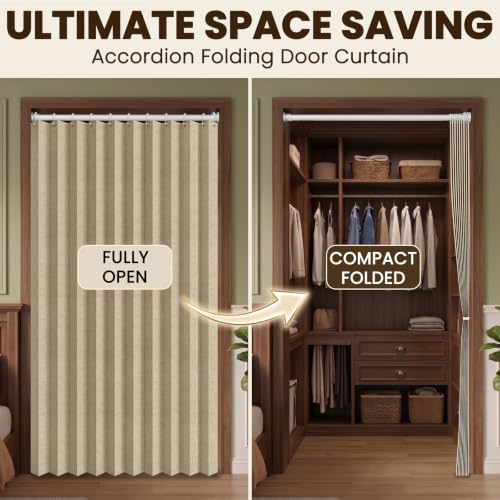 Image of AJAZZ Blackout Magnetic Door Curtain Accordion Doors Interior Closet Door Curtain Invisible Applicable Bedroom Room Living Room Doorway（Brown 42 inch W x 78 inch L 1 Panel