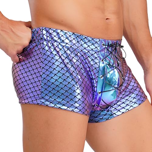 Jhaoyu Men Shiny Metallic Boxer Shorts Low Rise Fish Scale Print Rave Bottoms Lace-up Briefs Underwear2