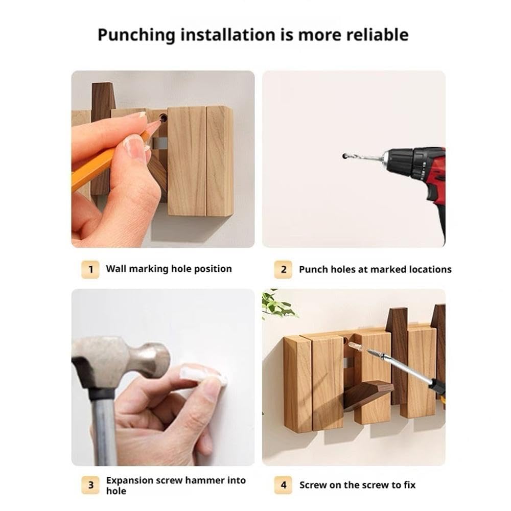 Perchero de pared de madera de nogal, ganchos en forma de piano para colgar bolsas y ropa, 4 ganchos, ideal para organización de entrada o pasillo