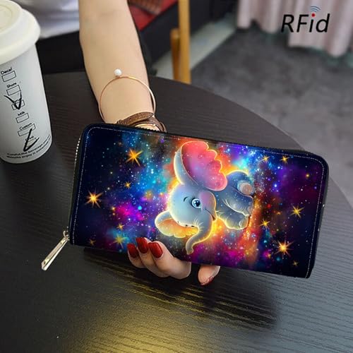Image of RFID Blocking Leather Wallet for Women - Large Capacity Zip Around Clutch with 8 Card Slots,6 Cash Pockets & Coin Zipper,Baby Elephant and Star