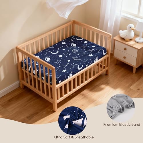 Image of 3 Pack Bedside Bassinet Sheets Girl & Boy 33 inch x 20 inch Rectangle | for Baby Delight, Newton, Airclub, Maxi Cosi, Angelbliss, Dream on Me, Mika, Harppa, Amke, Ezebaby Mattress, Navy Blue Planet