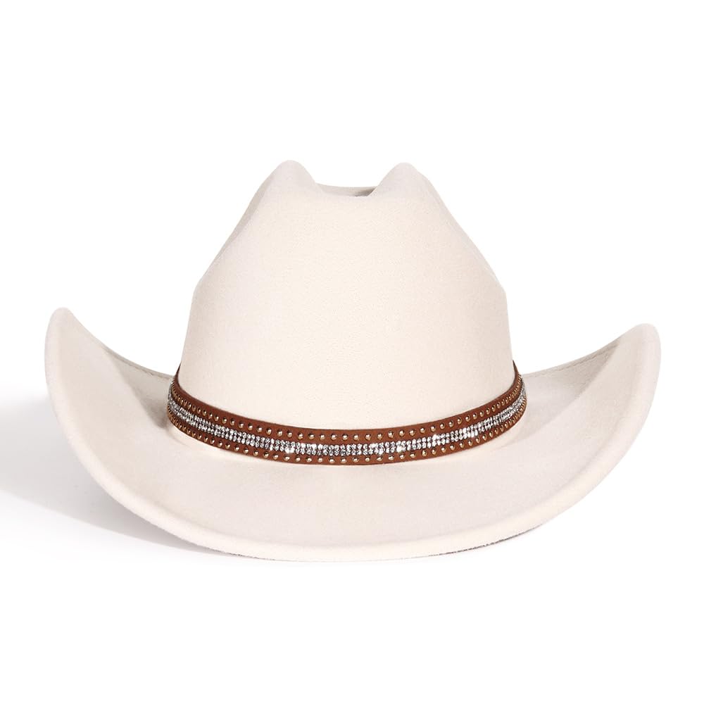LolliWeaver Women Men Fashion Wide Brim Teardrop Crown Felt Western Cowboy Cowgirl Hat with Rhinestone Leather Hat Band, Creamy