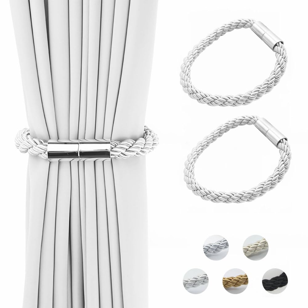 Mioyoow White Curtain Tiebacks, 2 Pcs Magnetic Curtain Holdbacks Weave Rope Drape Tie For Home Office Window Draperies