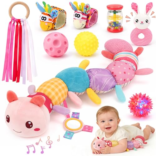 Joyreal Baby Girl Toys Baby Essentials for Newborn 10pcs Newborn Baby Gifts Musical Caterpillar Toys Rattles Ribbons Baby Toys 6 to 12 Months Sensory Toys for Babies 0-6 Months