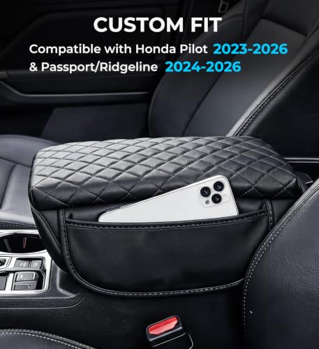 Image of Center Console Cover for Honda Pilot 2023-2026 & Passport /Ridgeline 2024-2026, 1.2-Inch Thick PU Leather Middle Armrest Cushion Protector Pad with 2 Side Pockets, Black