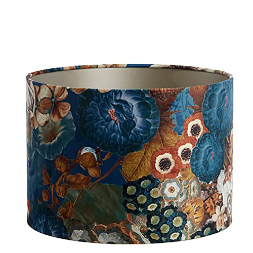 Lampenschirm Zylinder in Velours mit Blumen Motiven in Blau für Tischleuchte Tischlampe 30-30-21