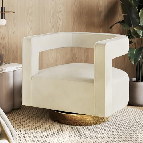 Image of BELLEZE Swivel Barrel Accent Chair Set of 2, Modern Upholstered Arm Comfy Velvet Curved Back Round Chair with Gold Base Wood Frame, 360 Degree for Living Room Bedroom Office,Ivory