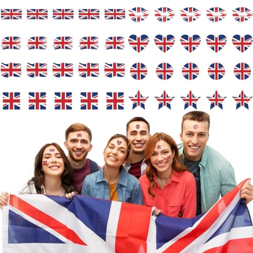 King Charles III Coronation Tattoos 40 Pcs Temporary Tattoo Stickers Fade Resistant England Flag Sticker for King Charles Coronation UK Patriotic Coronation Ceremony Party Favors