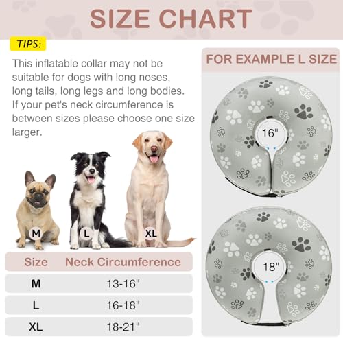Image of SCENEREAL Dog Cone Alternative After Surgery Donut Collar, Soft Pet Recovery Pillow Collar for Medium Large Dogs, Inflatable Adjustable Neck Collars to Prevent Licking, Grey Footprints L