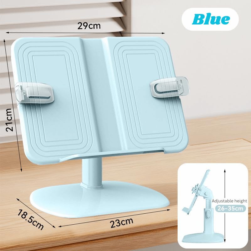 Jukusa Plastic Foldable Adjustable Book Stand for Study, Large Desktop Holder with Height & Angle Adjustment, Extendable Width, Non-Slip Base, Hands-Free Bookstand for Students, Blue with Sticky Notes 3
