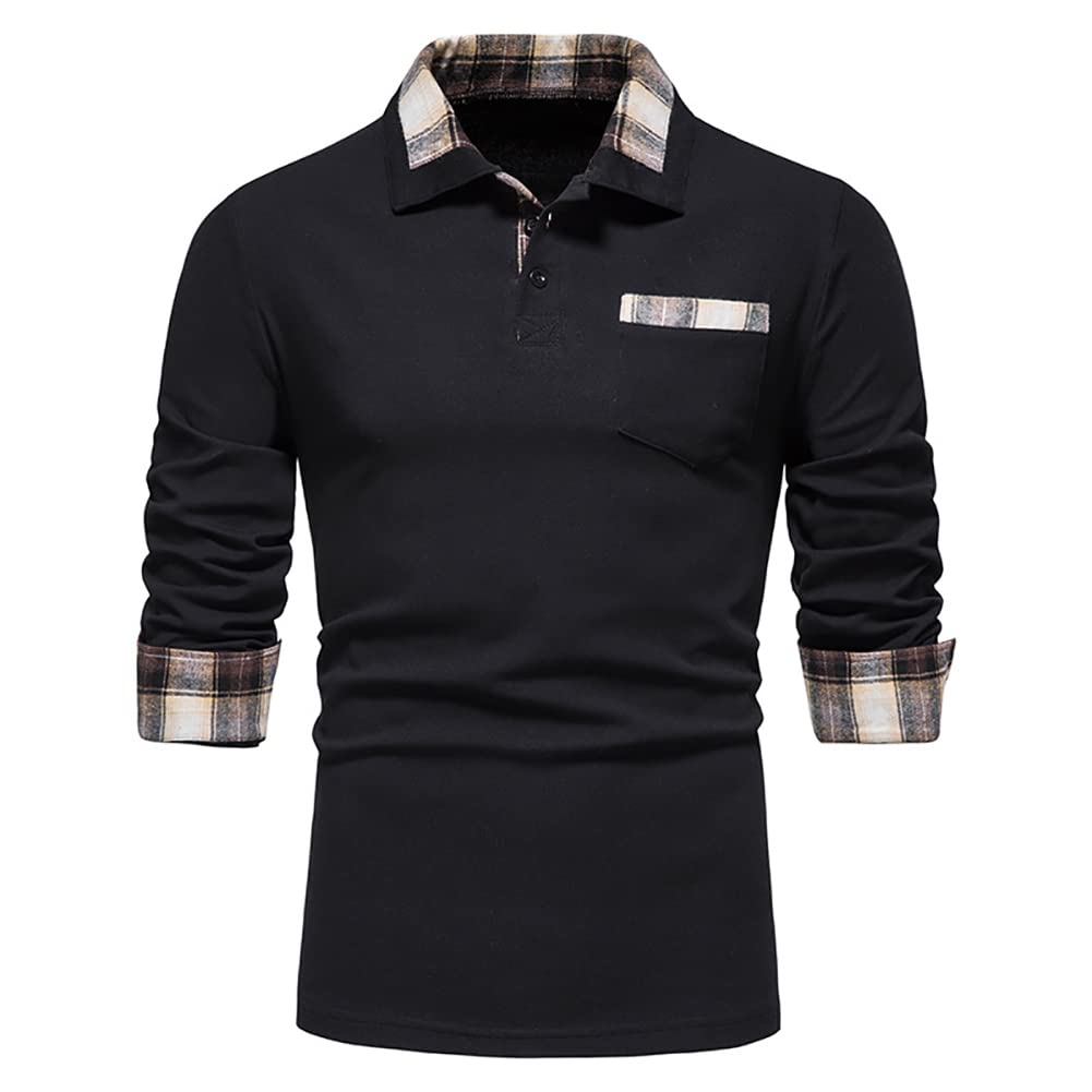 Men's Casual Polo Shirt Short/Long Sleeve Shirt Plaid Splice Collar T-Shirt(Plaid Black,XL)