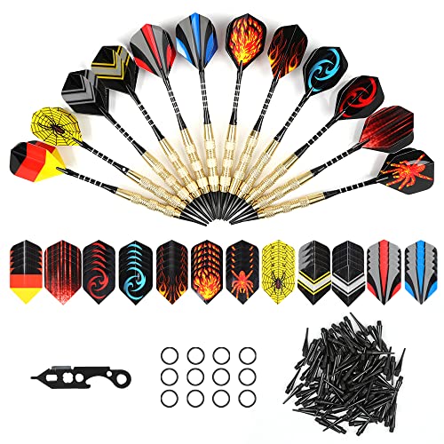 BIFY Dartpfeile mit kunststoffspitze,12 Stück Darts [18g/Stück](Internationaler Standard) 60 Flights 120 Spitzen Brass Darts Aluminum Shafts + 1 Steel Pin und Stoffbeutel