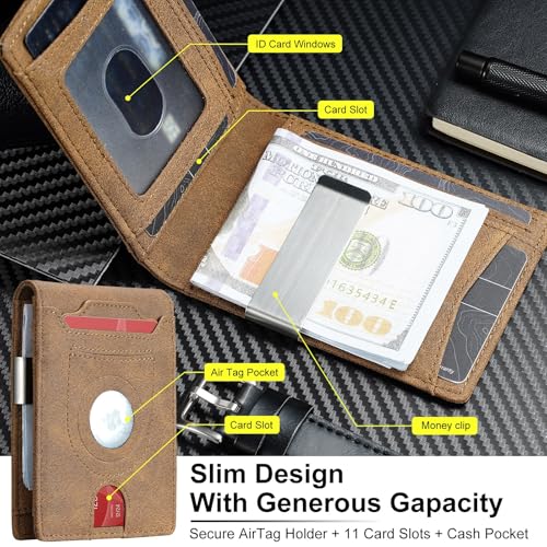 Apple Air tag Wallet Men Slim: Wallet for Air Tag Men Minimalist - RFID Blocking Leather Wallet with Money Clip (Carbon Fiber)2