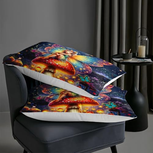 Image of AILONEN Beautiful Fairy Comforter Set Full Size, Butterfly Mushroom Fairy Bedding Set for Kids,Girls,Forest Spirit Duvet Set,3-Pieces, 1 Quilt and 2 Pillowcases,All Season,Soft