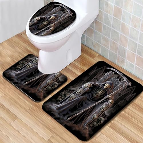 Badezimmerteppich Set Totenkopf schwarzes Muster Badgarnitur 3 Teilig Mikrofaser Badematten Set rutschfest U FöRmige Duschvorleger Super weich, Schnell Trocknend WC-Garnitur Teppich