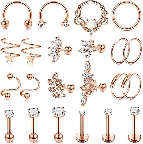 LOLIAS 21Pcs 16G Cartilage Earrings Stud Hoop for Women Men Stainless Steel CZ Labret Helix Piercing Tragus Stud Earrings Forward Conch Piercing Jewelry Set