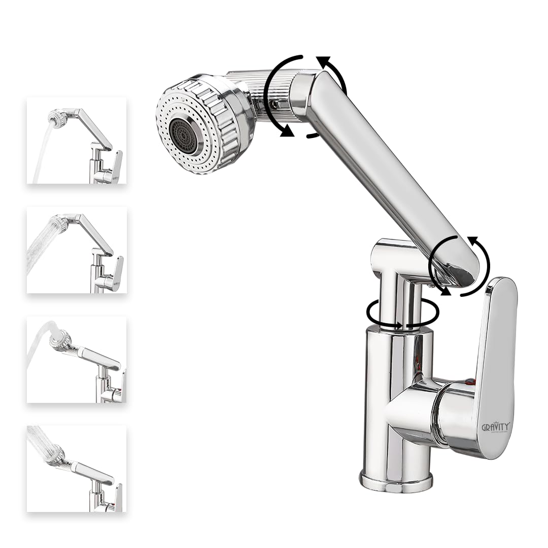 360 Degree ABS Basin Mixer with Hot & Cold Single Lever and 35mm Ceramic Disc Cartridge Faucet, Chrome Finish, Smooth Flow Mixer for Kitchen & Bathroom, Home and Commercial Use