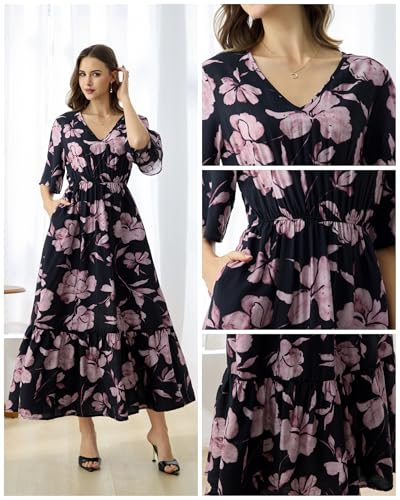Image of Women's Summer Short Sleeve Maxi Floral Flowy Dresses with Pockets