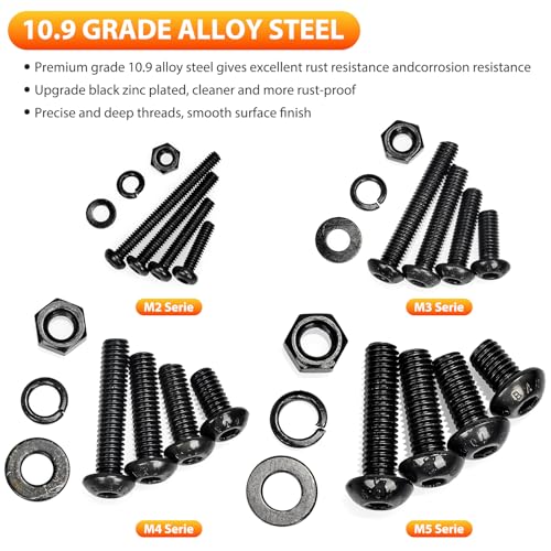 1705 Pieces Hex Button Head Machine Screw Assortment Kit M2 M3 M4 M5 Metric Bolt and Nut with Lock and Flat Washers, 10.9 Alloy Steel Cap Screw Set with Wrench