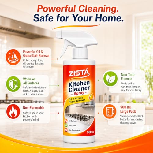 Image of ZISTA Kitchen Cleaner Spray for Oil & Grease Stain Remover, All Surface Non-Toxic & Non-Flammable Magic Degreaser Cleaning Spray for Kitchen, Chimney, Sink, Grill, Exhaust Fan & More! (500 ml)