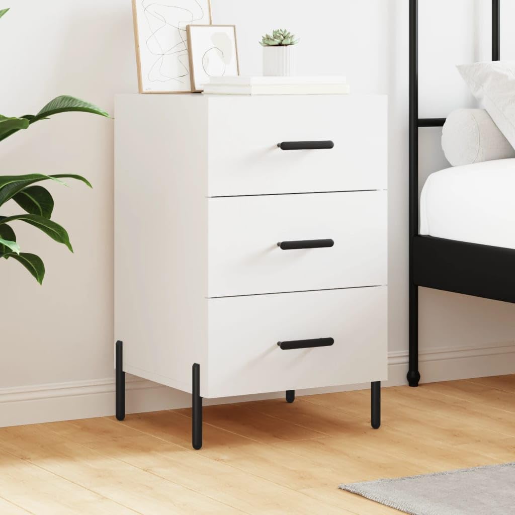Comodino bianco in legno multistrato con piedini in ferro 40x40x66 cm, mobiletto moderno con cassetto e ripiano, contenitore salvaspazio per camera da letto, soggiorno, ufficio, corridoio