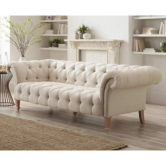 Image of Modern and Stylish 3 Seater Chesterfield Luxury Sofa with Valvet and Fabric Comfortable Sofa for Living Room, Dining Room, Hallway, and Office-(Beige).