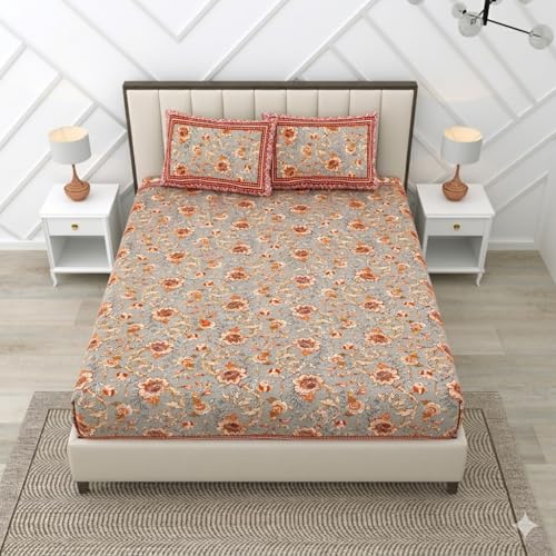Image of RajasthaniKart Pure Cotton 240 TC Printed Double /King Bed Elastic Fitted Bedsheet with 2 Pillow Covers - All Around Elastic | 72 inchx78 inch|72 inchx72 inch|Fits Up to 8 inch Mattress|106