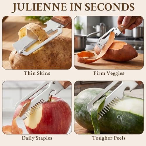 Image of 2026 Upgrade Vegetable Peeler and Julienne Peeler Set, Stainless Steel Vegetable Peelers for Kitchen with Wood Handles and Bottle Opener, 2-Pcs Multifunctional Vegetable Peeler Set
