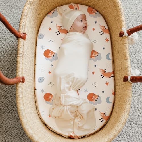 Image of Stretch Fitted Bassinet Sheet Set BROLEX 2 Pack Cradle Sheets for Bassinet Pad /Mattress,Unisex Boys Girls,Ultra Soft,Starry Fox