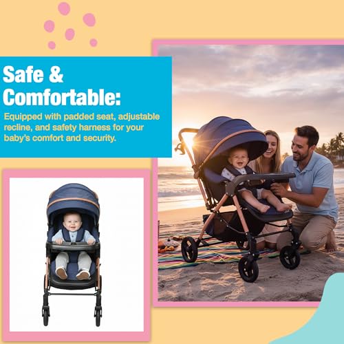 Image of Safe-O-Kid Breez Baby Rubber Wheel Stroller /Pram with 1 Year Warranty (Model - 2024) for New Born /Toddler /Kid for 0 to 3 Years Travel Friendly, 5 Point Safety Harness - Blue