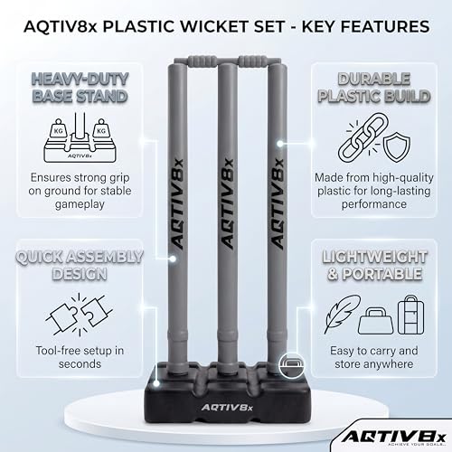Image of Plastic Cricket Wicket Set Full Size with 1 Base, 2 Bails & 3 Wickets (Grey)