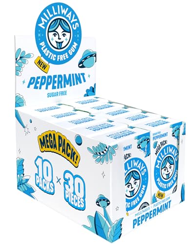 Milliways Peppermint Chewing Gum Plastic Free Sugar Free Aspartame Free Natural | 10 Packs of 30 Pieces (300 Pieces Total) | MEGA PACK | Xylitol Plant-Based Biodegradable