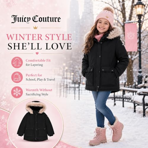 Image of Juicy Couture Girls Heavyweight Winter Jacket with Faux Fur Hood and Cargo Pockets