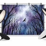 Forest Backdrop 12x8ft Blue Purple Dark Trees Flying Bird Photography Backdrop Fabric Photoshoot Background Polyester Tapestry Banner for Birthday Baby Shower Decoration Party Video Photo Studio Props