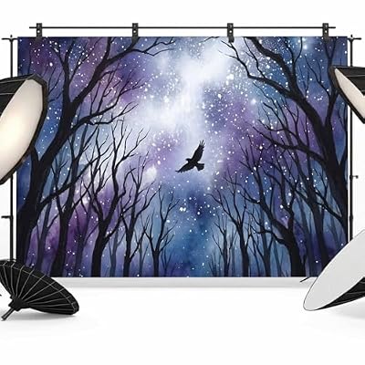 Forest Backdrop 12x8ft Blue Purple Dark Trees Flying Bird Photography Backdrop Fabric Photoshoot Background Polyester Tapestry Banner for Birthday Baby Shower Decoration Party Video Photo Studio Props